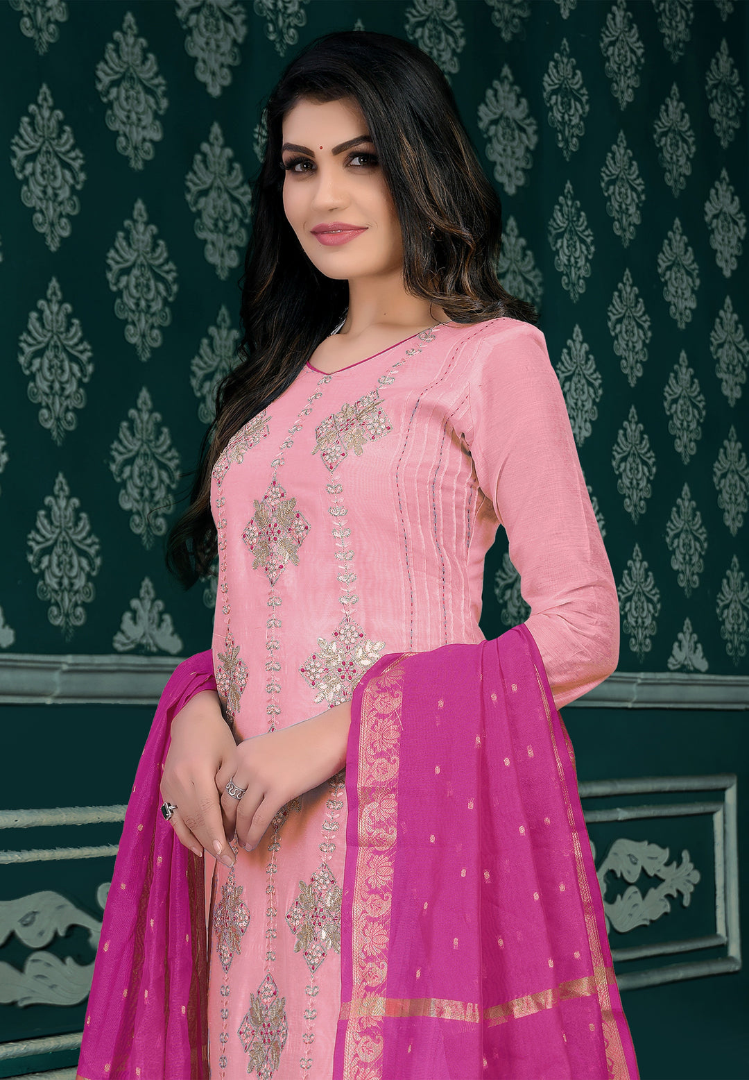 Beautiful Pink Modal Chanderi salwar Suit | Santoon Bottom with Banarasi Dupatta