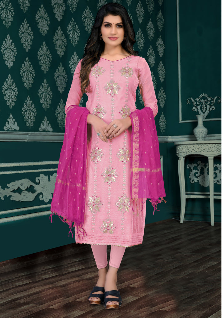 Beautiful Pink Modal Chanderi salwar Suit | Santoon Bottom with Banarasi Dupatta