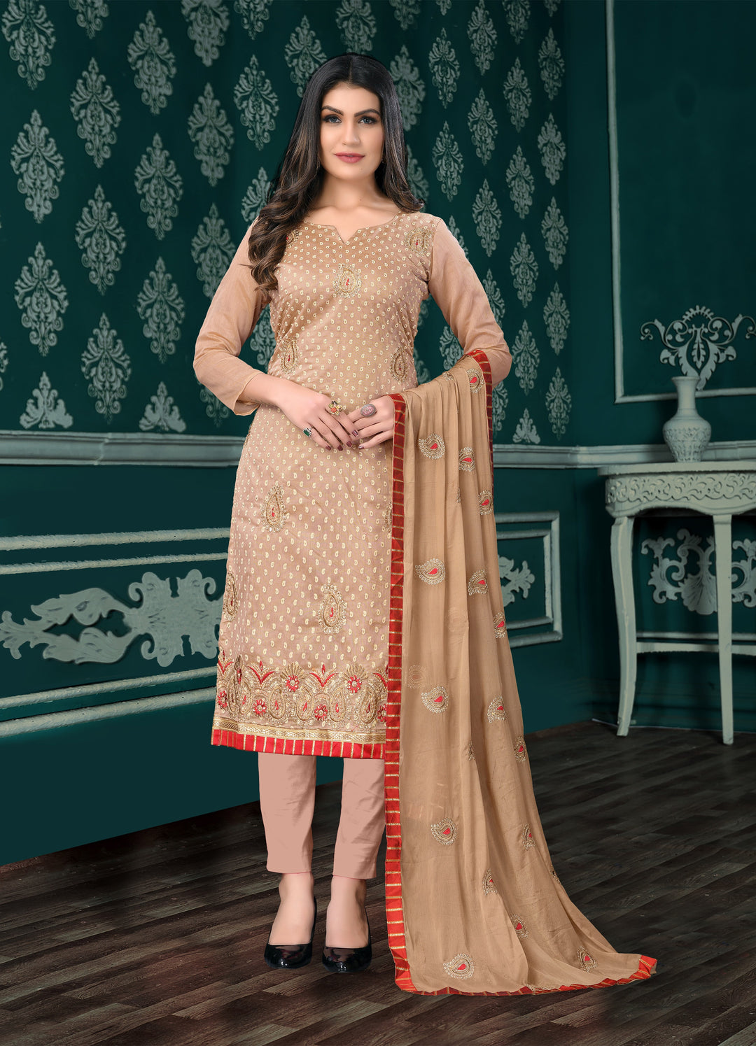 Beautiful Beige Modal Chanderi Salwar Suit | Santoon Bottom with Naznin Dupatta