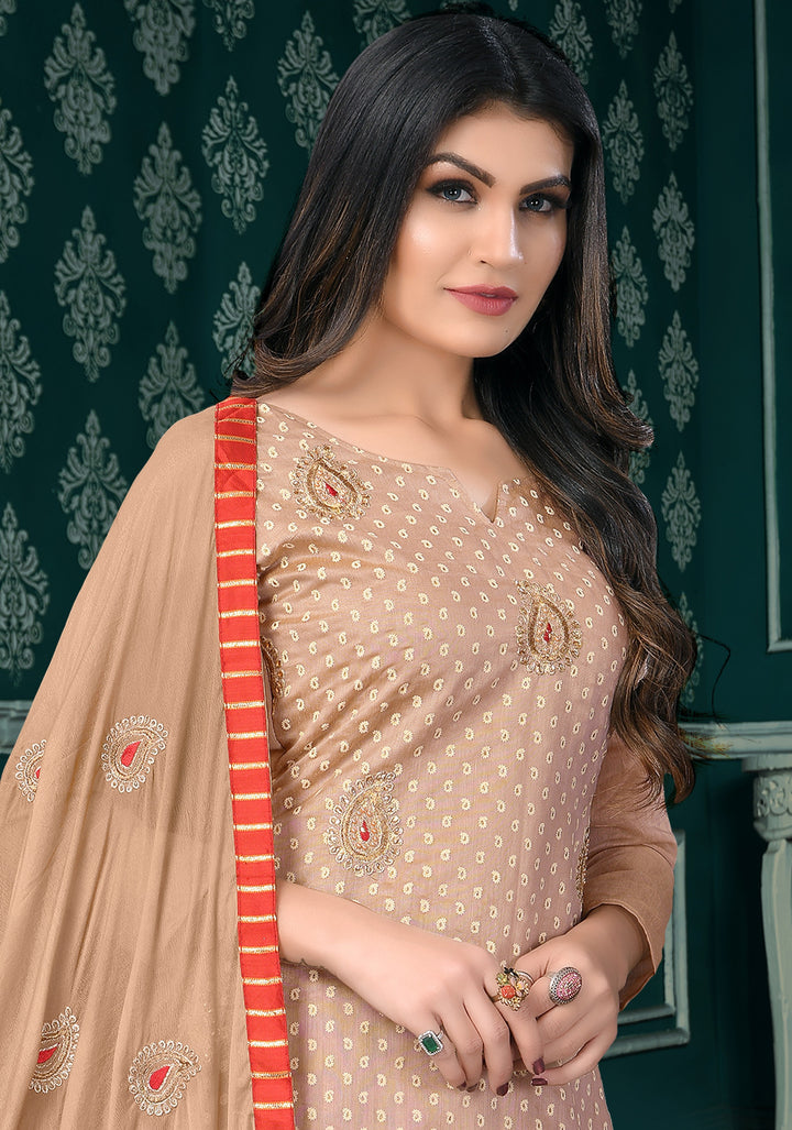 Beautiful Beige Modal Chanderi Salwar Suit | Santoon Bottom with Naznin Dupatta