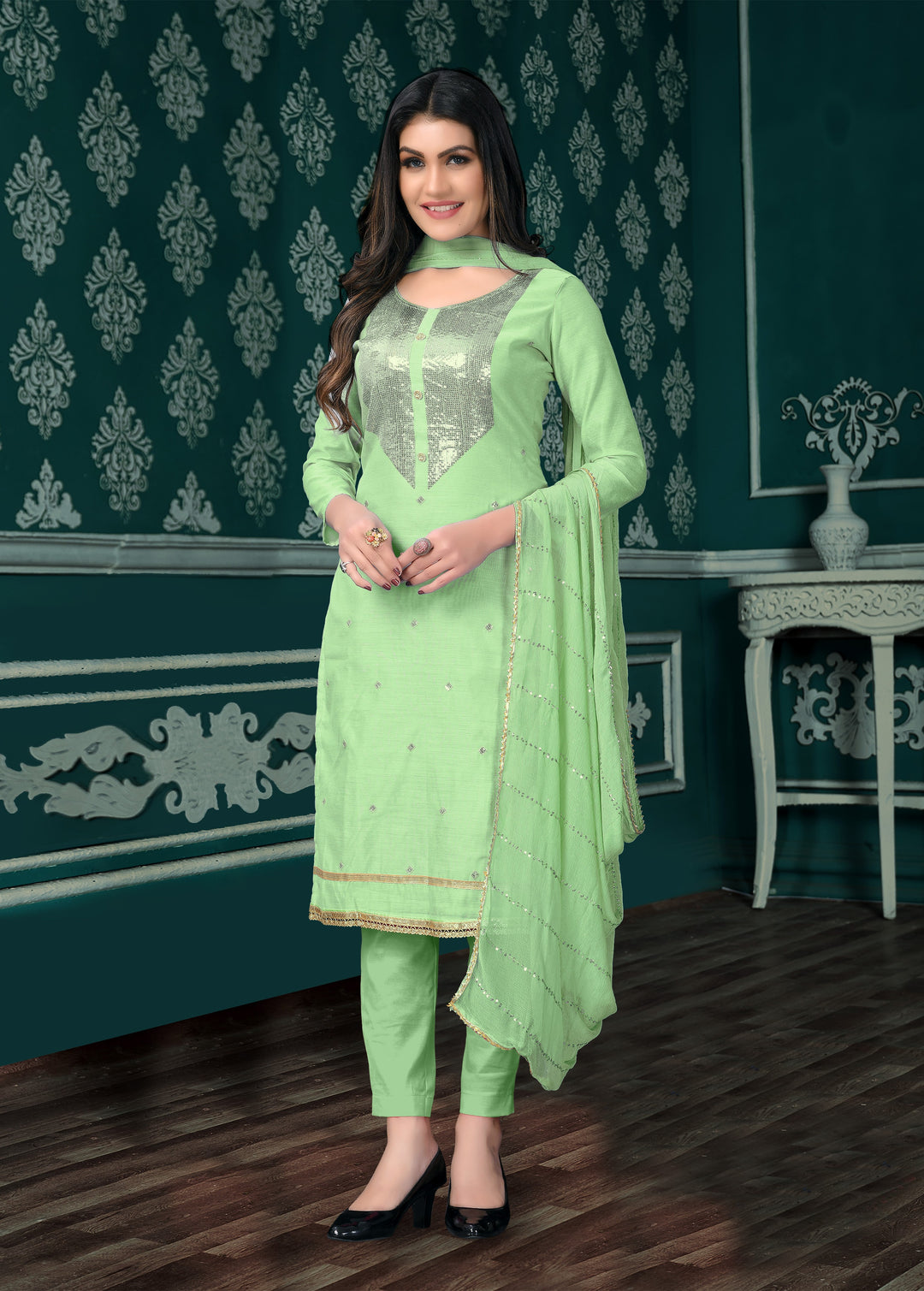 Mint Green Modal Chanderi Salwar Suit | Santoon Bottom & Naznin Dupatta