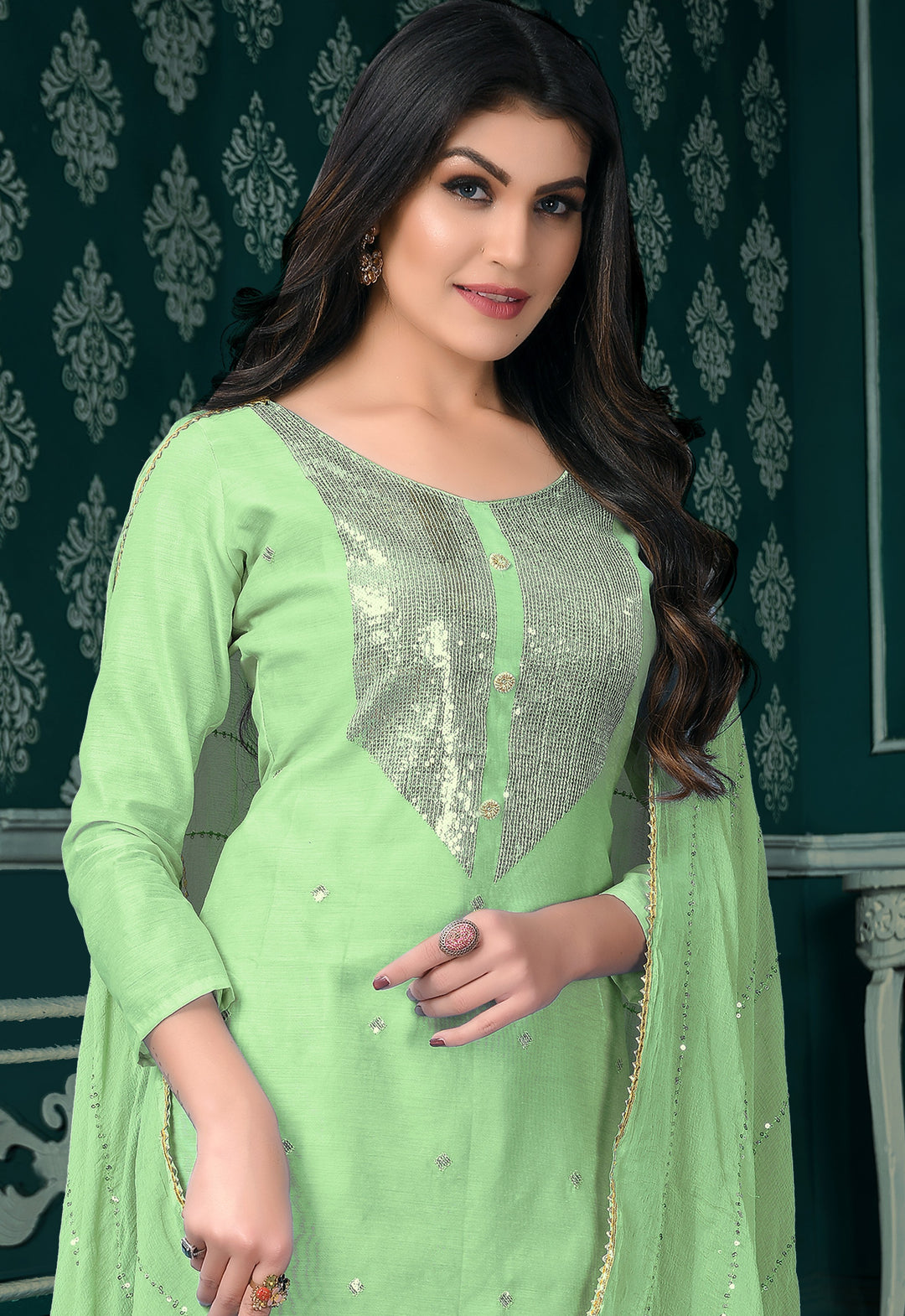 Mint Green Modal Chanderi Salwar Suit | Santoon Bottom & Naznin Dupatta