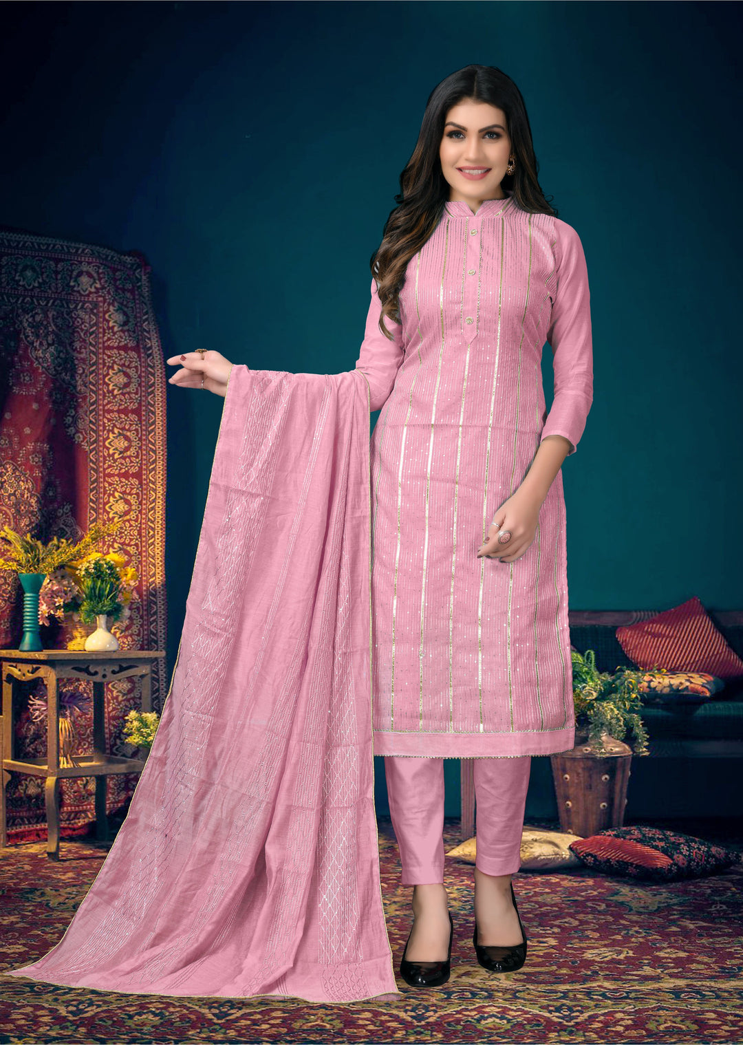 Modal Chanderi Salwar Suit | Santoon Bottom with Fancy Dupatta For Festive