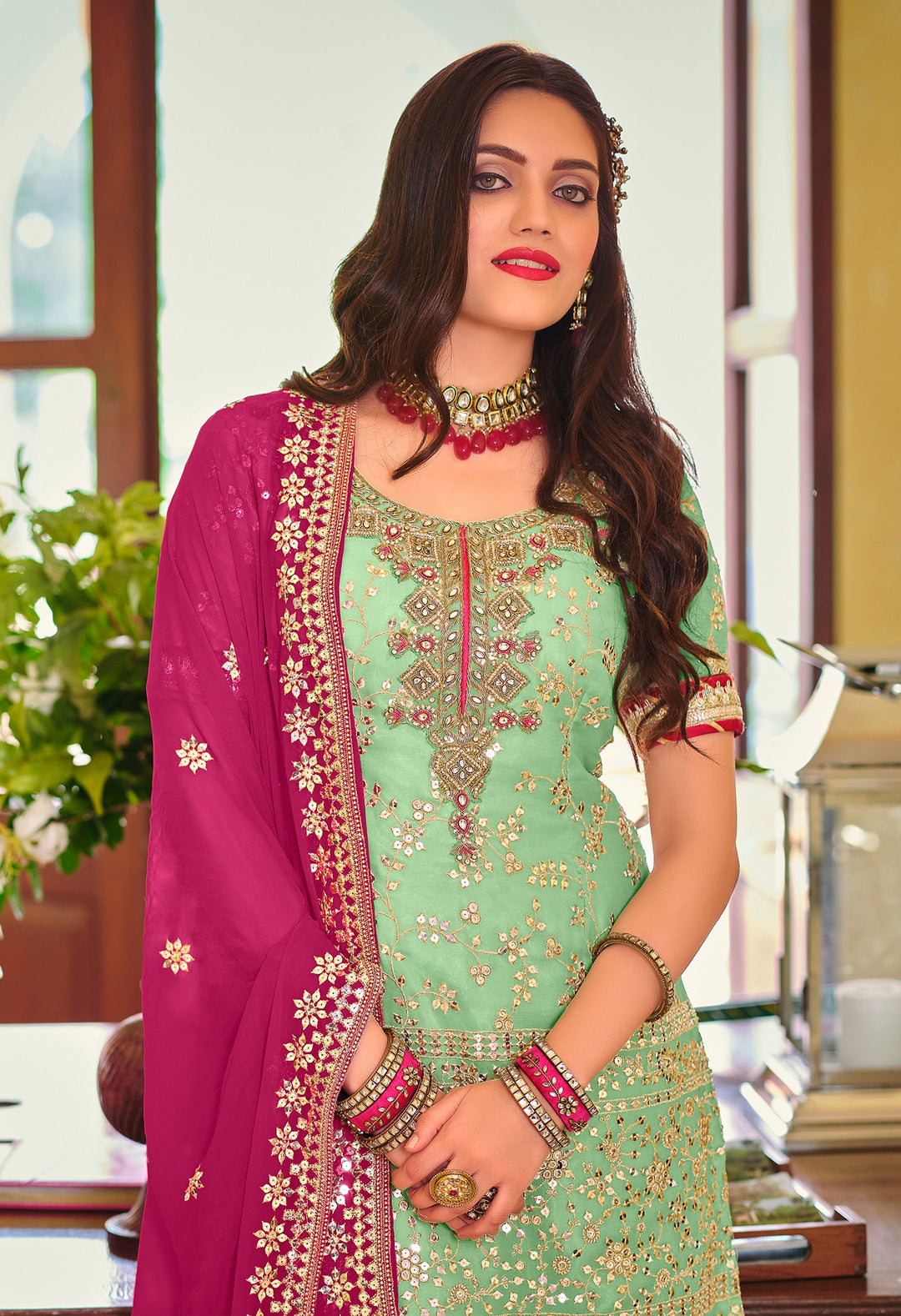 Pista Green Sharara Suit | Georgette Top with Santoon Bottom & Dupatta