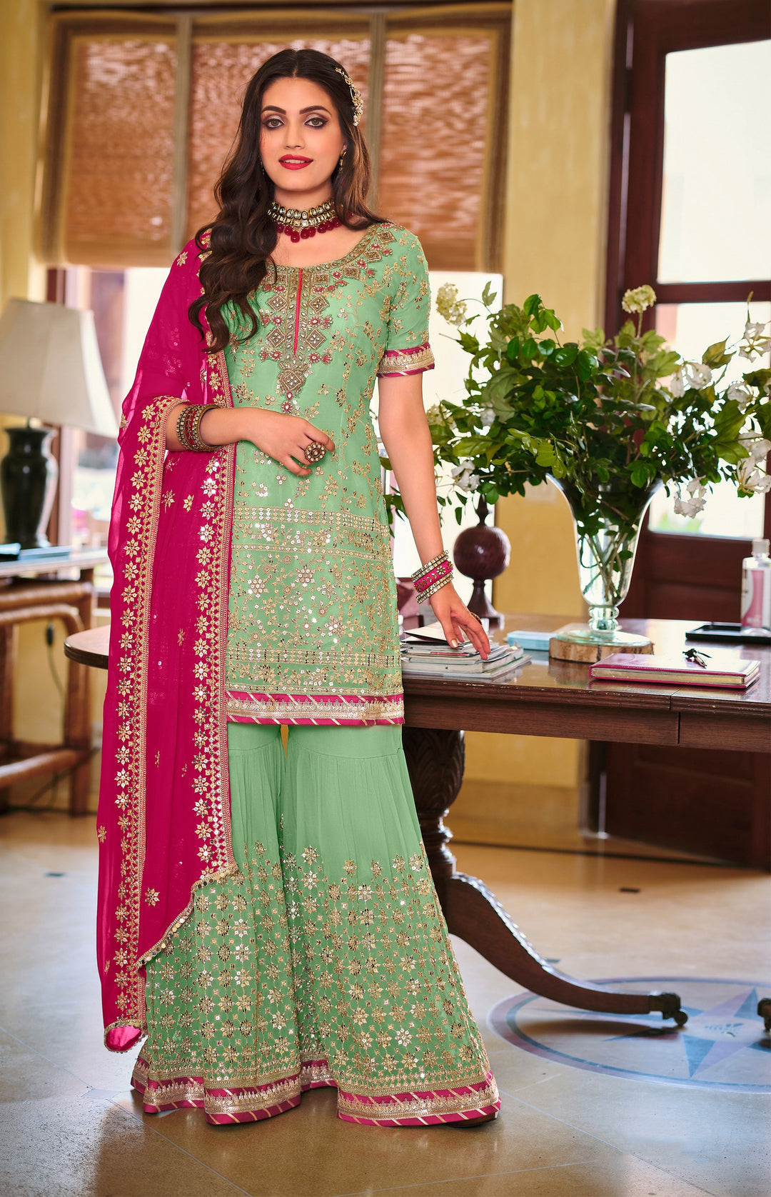 Pista Green Sharara Suit | Georgette Top with Santoon Bottom & Dupatta