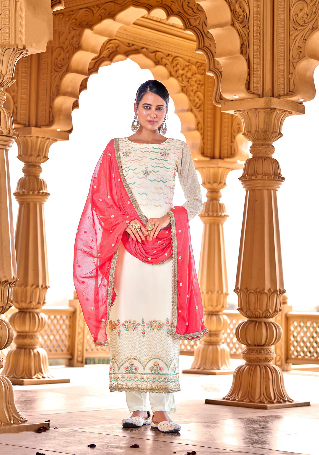 White Georgette Suit | Designer Embroidery with Chinon Chiffon Dupatta