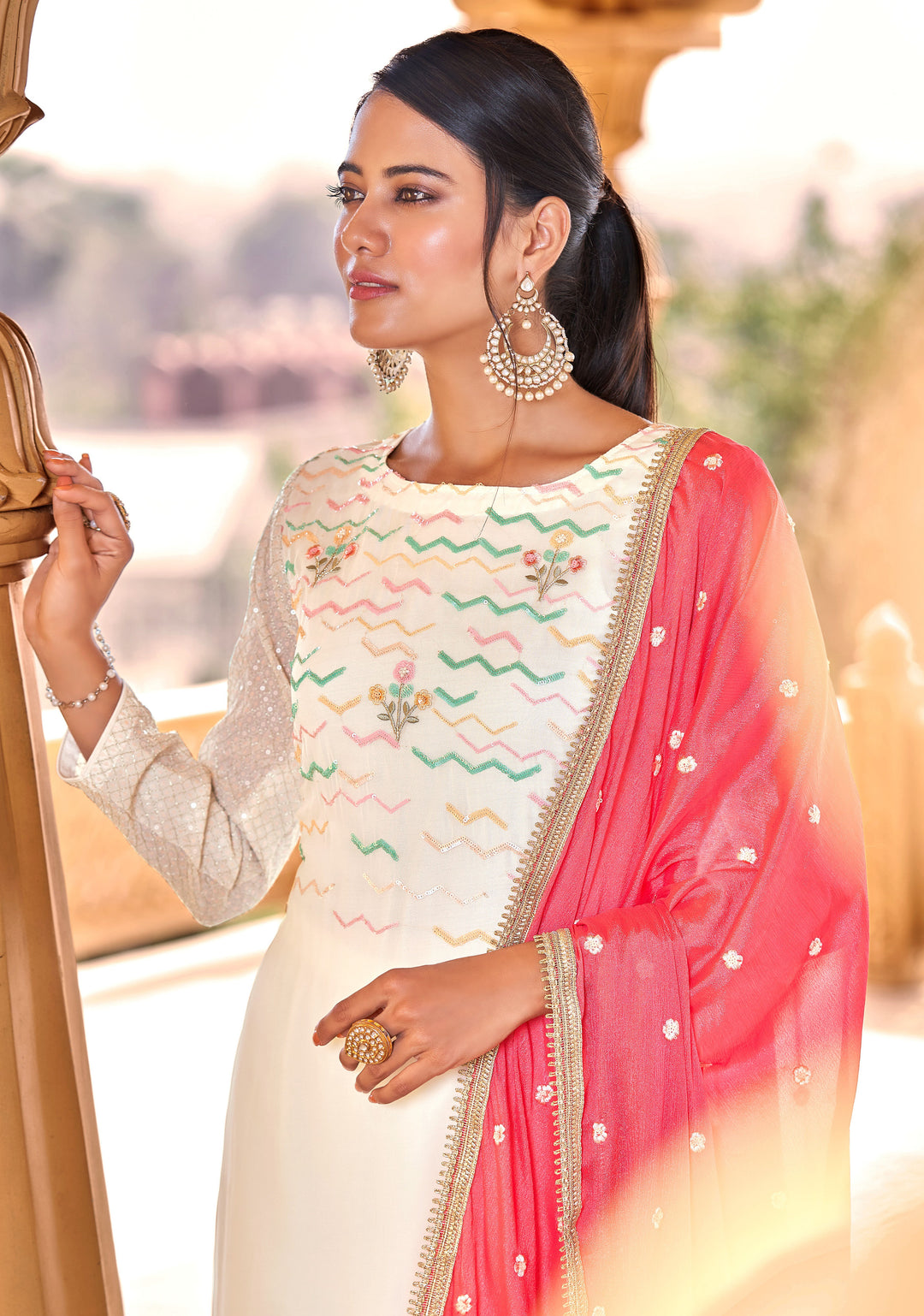 White Georgette Suit | Designer Embroidery with Chinon Chiffon Dupatta