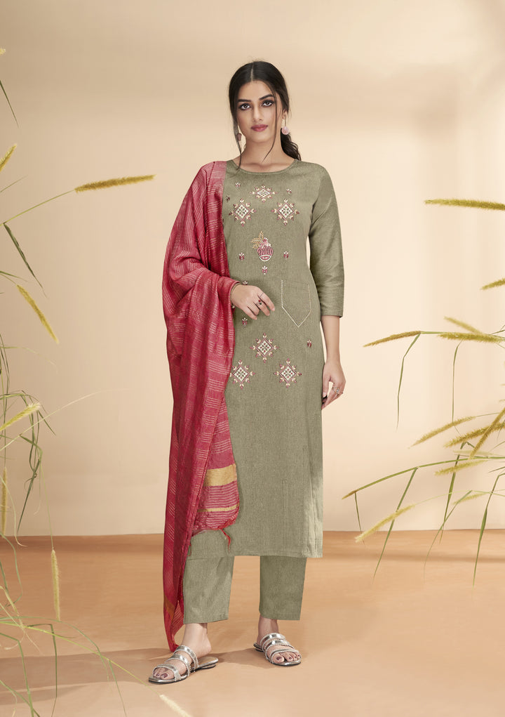 Elegant Green Suit | Cotton Fabric with Banarasi Dupatta and Woven Jari Work