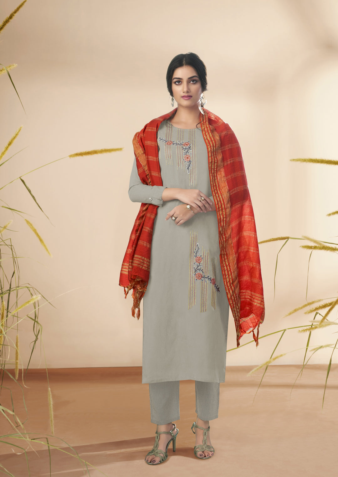 Gray Cotton Suit | Banarasi Dupatta with Designer Embroidery Work