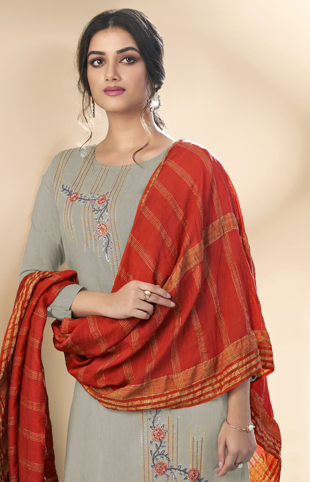 Gray Cotton Suit | Banarasi Dupatta with Designer Embroidery Work