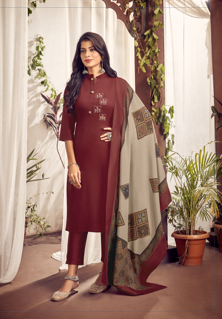 Maroon Embroidered Jam Cotton Suit | Muslin Dupatta & Jam Cotton Bottom