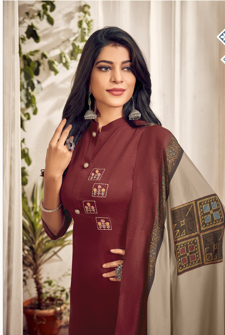 Maroon Embroidered Jam Cotton Suit | Muslin Dupatta & Jam Cotton Bottom