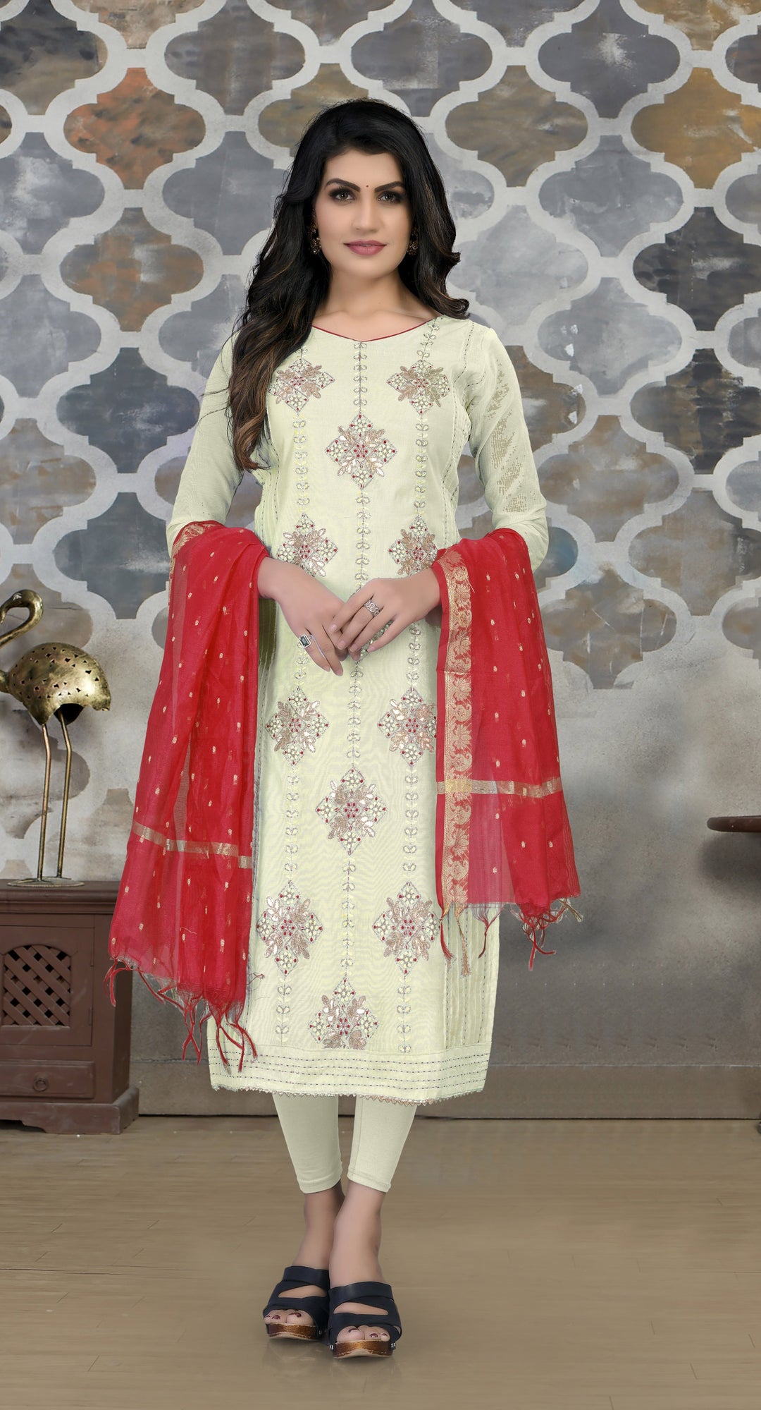 White Modal Chanderi Suit | Santoon Bottom & Banarasi Dupatta