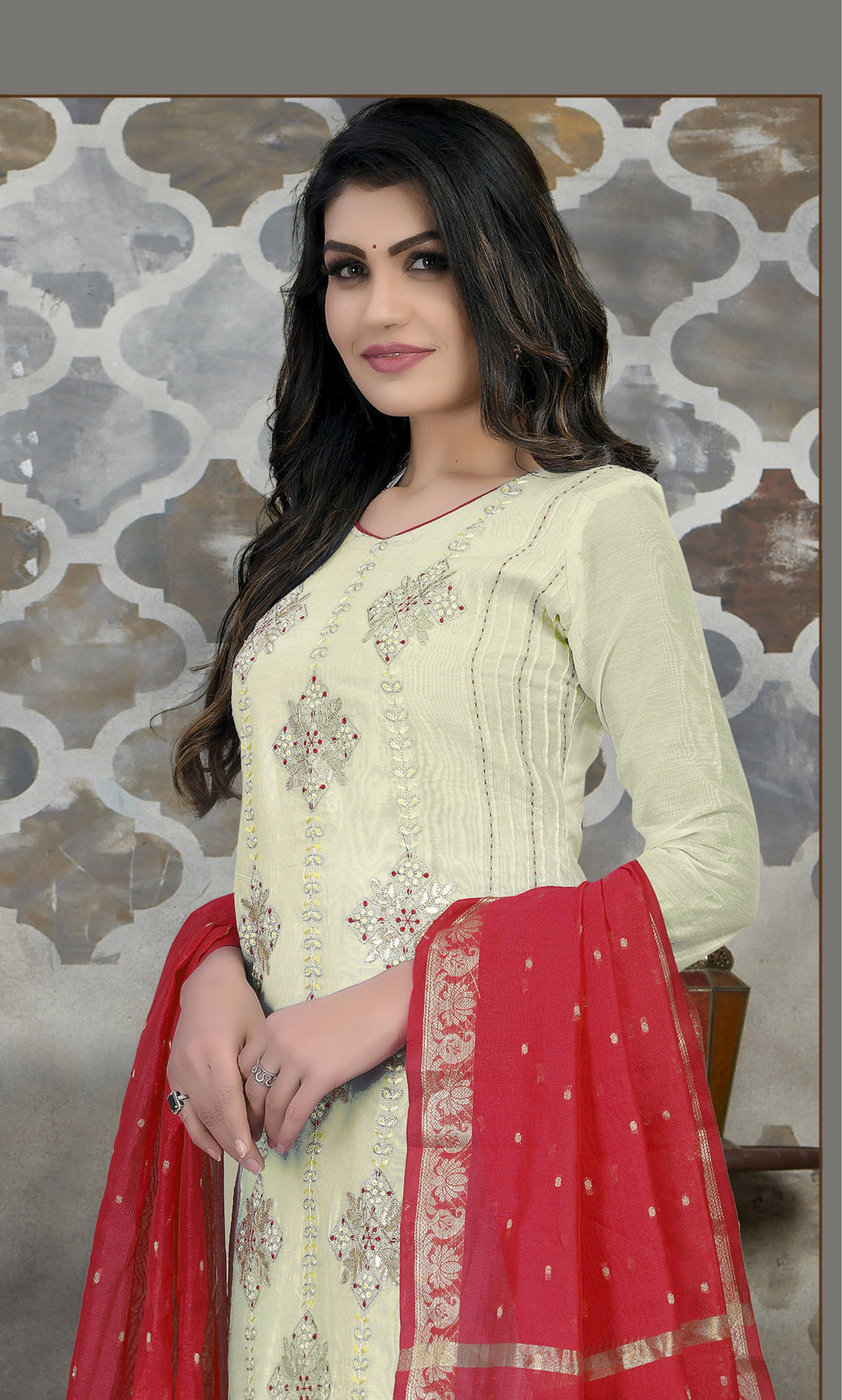 White Modal Chanderi Suit | Santoon Bottom & Banarasi Dupatta