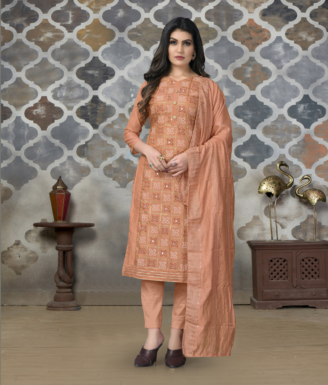 Light Orange Modal Chanderi Suit | Santoon Bottom & Fancy Dupatta