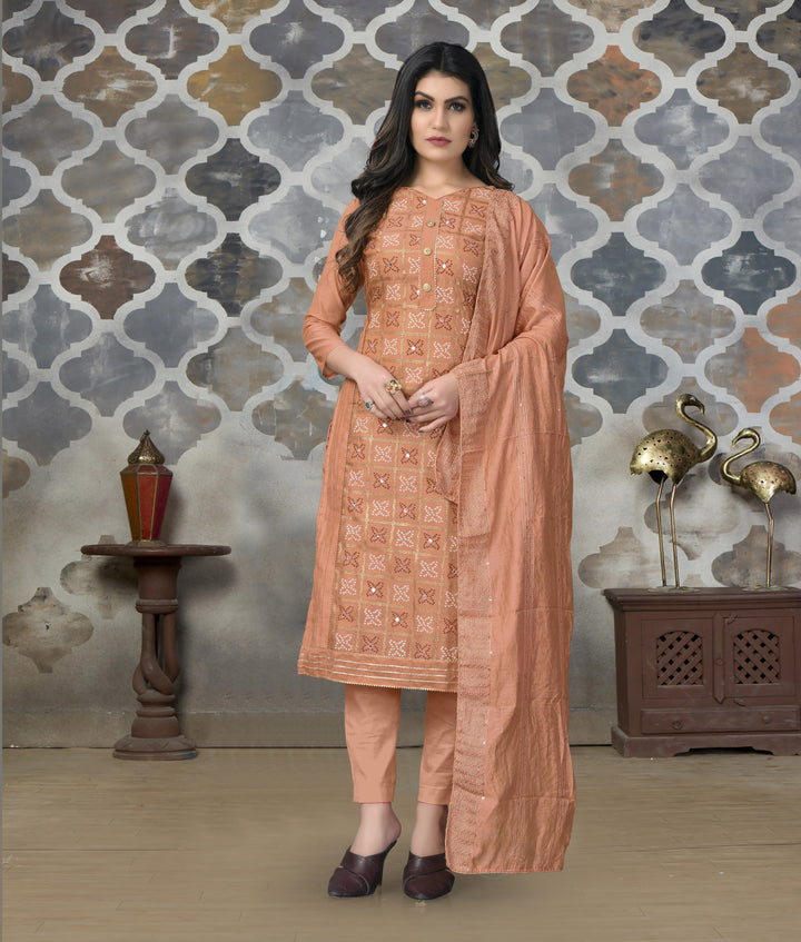 Light Orange Modal Chanderi Suit | Santoon Bottom & Fancy Dupatta