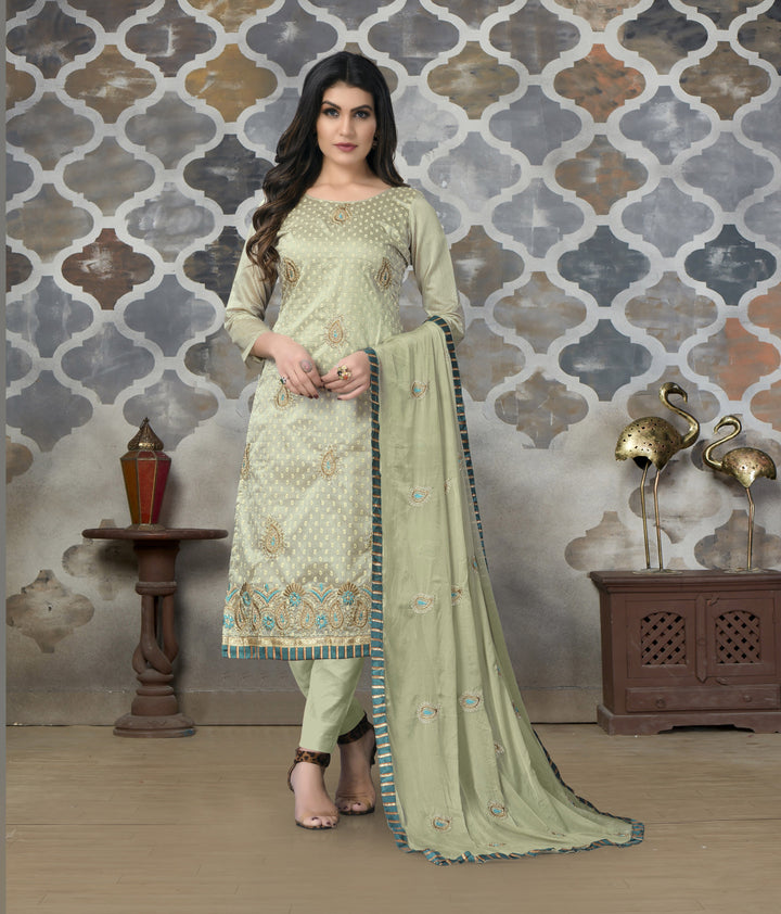 Pista Green Embroidered Modal Chanderi Suit | Santoon Bottom & Nazneen Dupatta