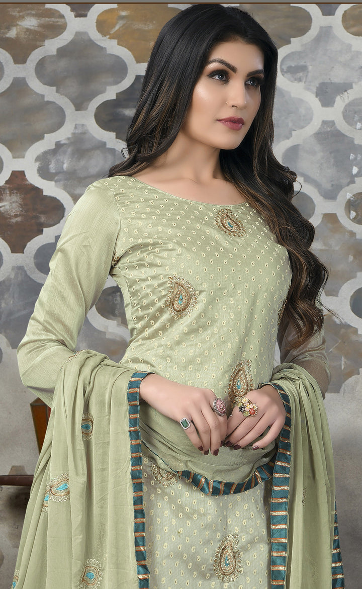 Pista Green Embroidered Modal Chanderi Suit | Santoon Bottom & Nazneen Dupatta