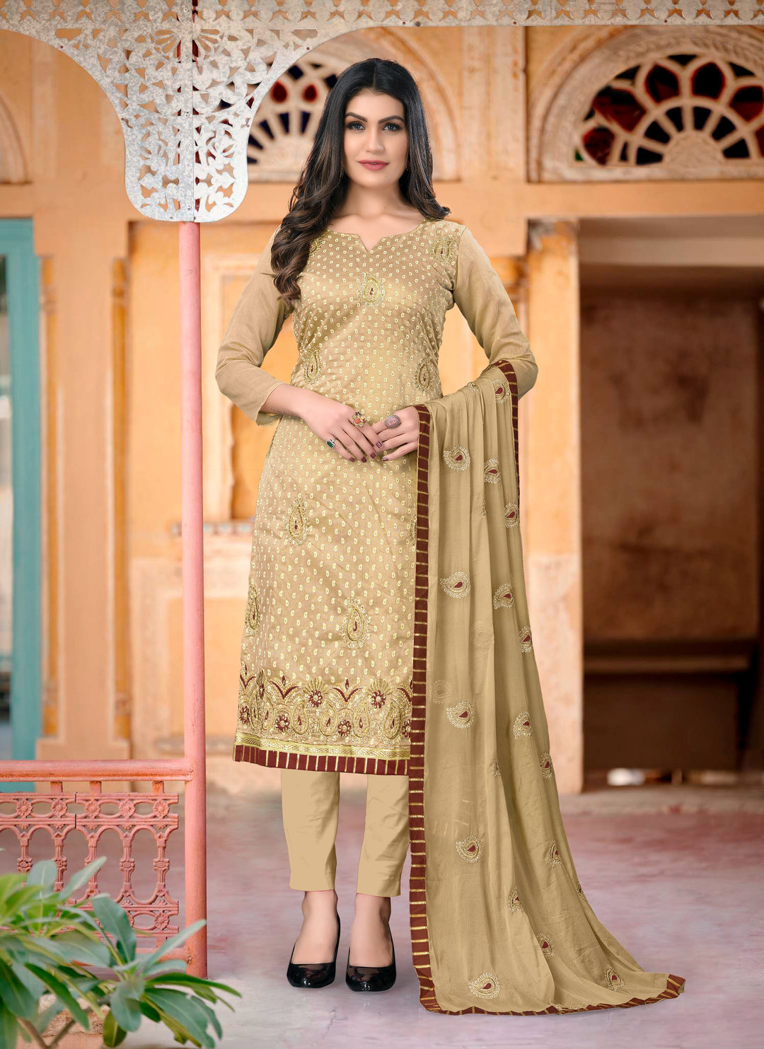 Designer Beige Modal Chanderi Dress | Santoon Bottom & Embroidered Dupatta