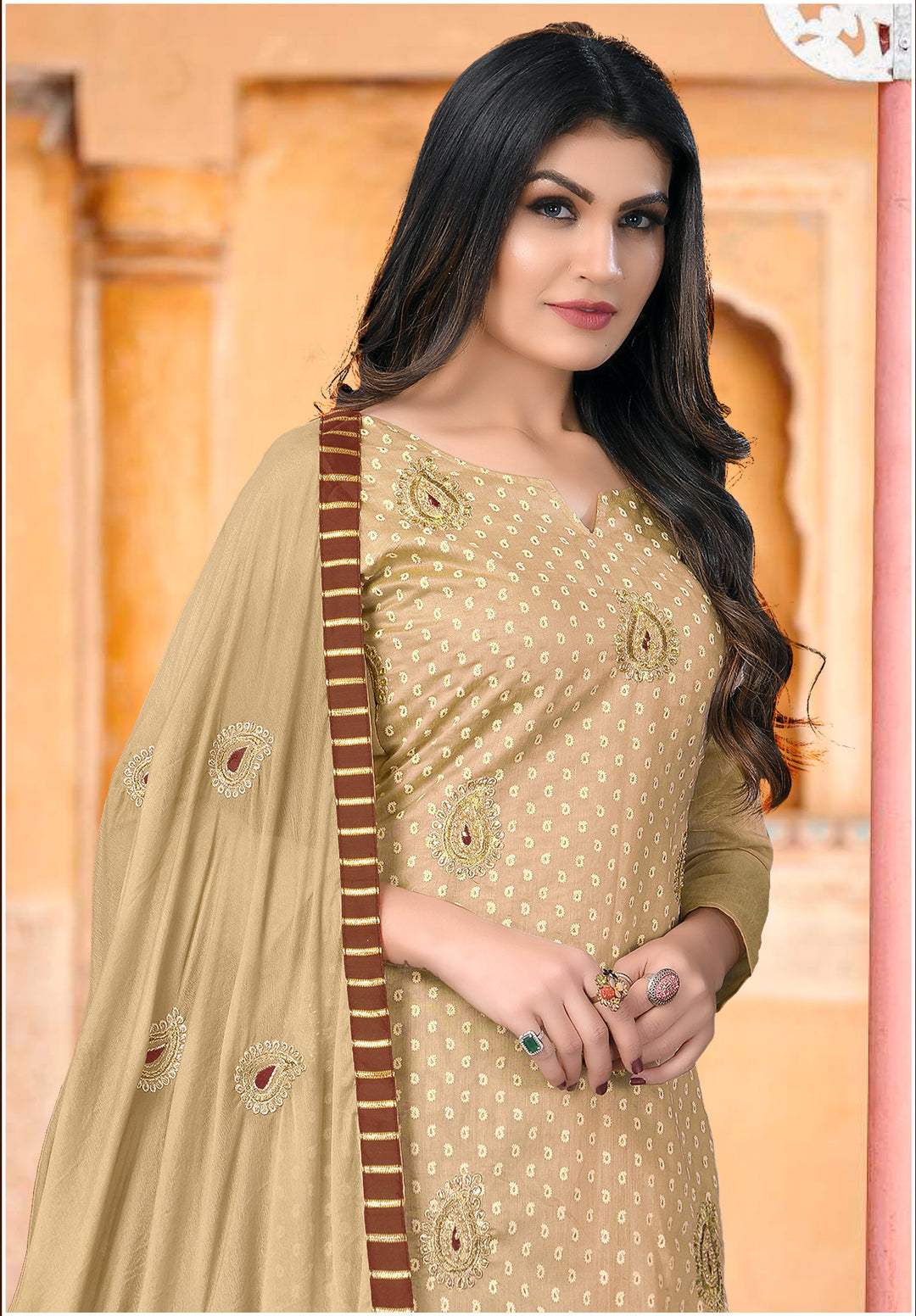 Designer Beige Modal Chanderi Dress | Santoon Bottom & Embroidered Dupatta