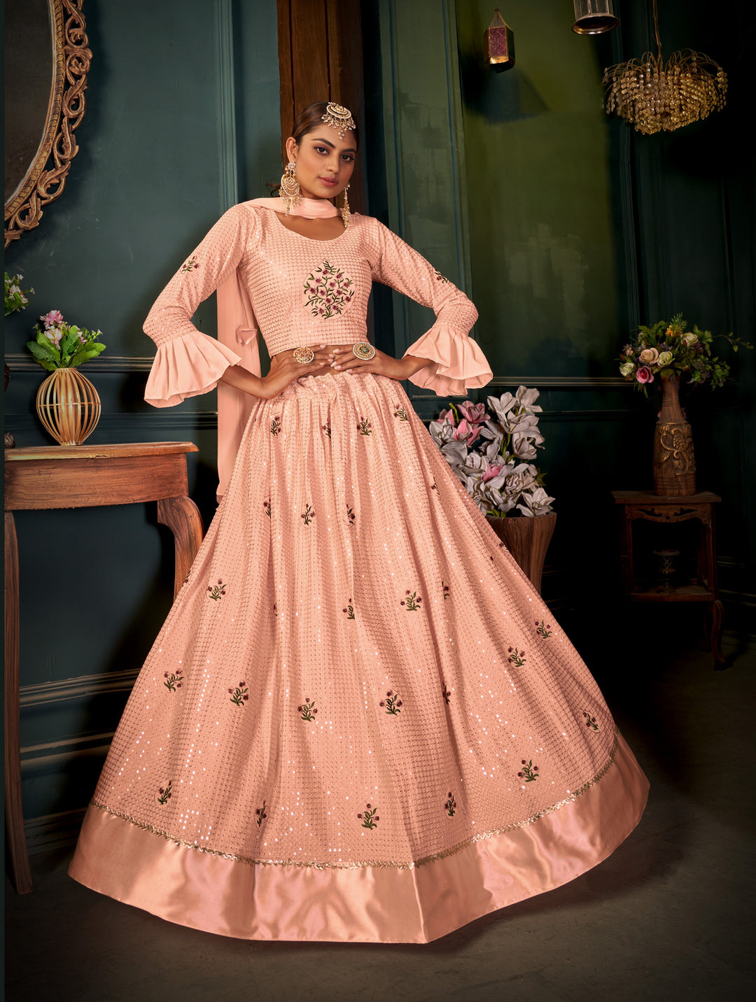 Elegant Georgette Lehenga with Sequins & Multi-Thread Embroidery | Bridal & Party Wear