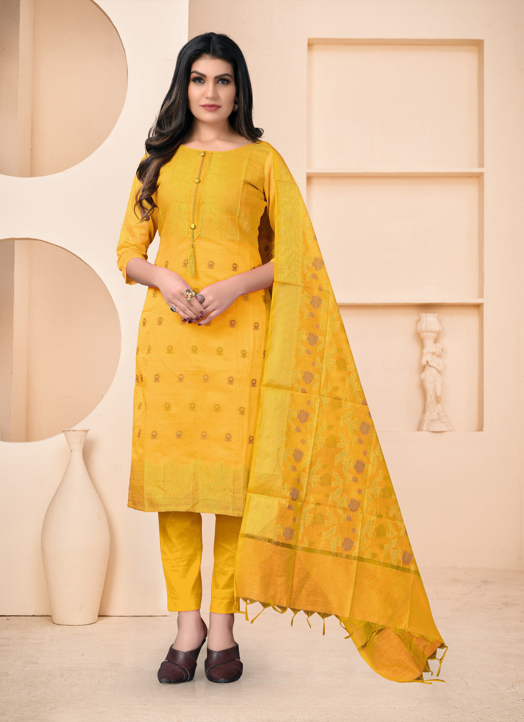 Yellow Banarasi Jacquard Dress Material | Santoon Bottom & Banarasi Dupatta