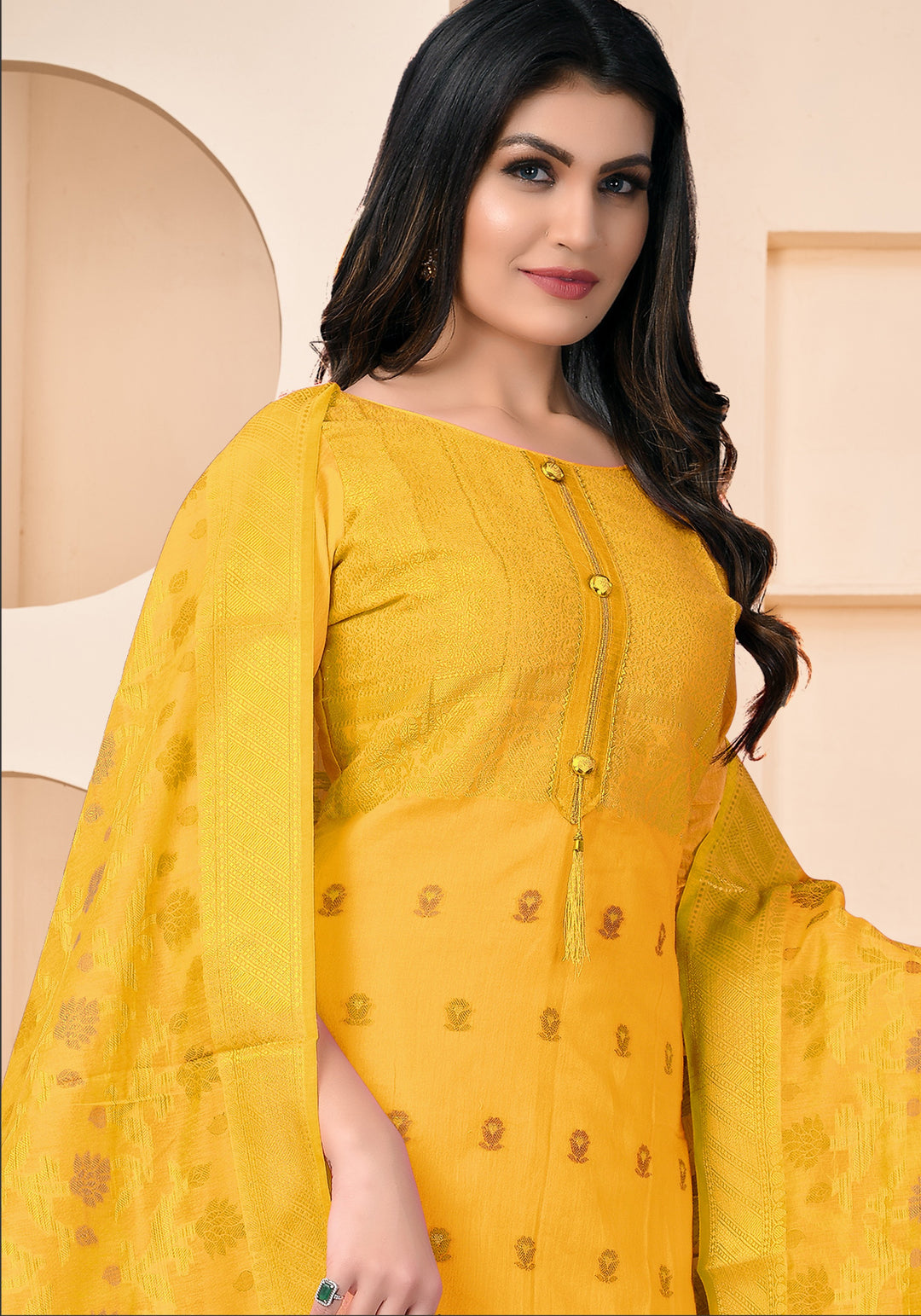 Yellow Banarasi Jacquard Dress Material | Santoon Bottom & Banarasi Dupatta