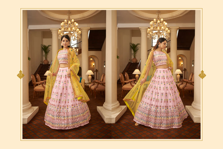 Stunning Pink Georgette Lehenga with Yellow Dupatta | Perfect for Weddings and Celebrations