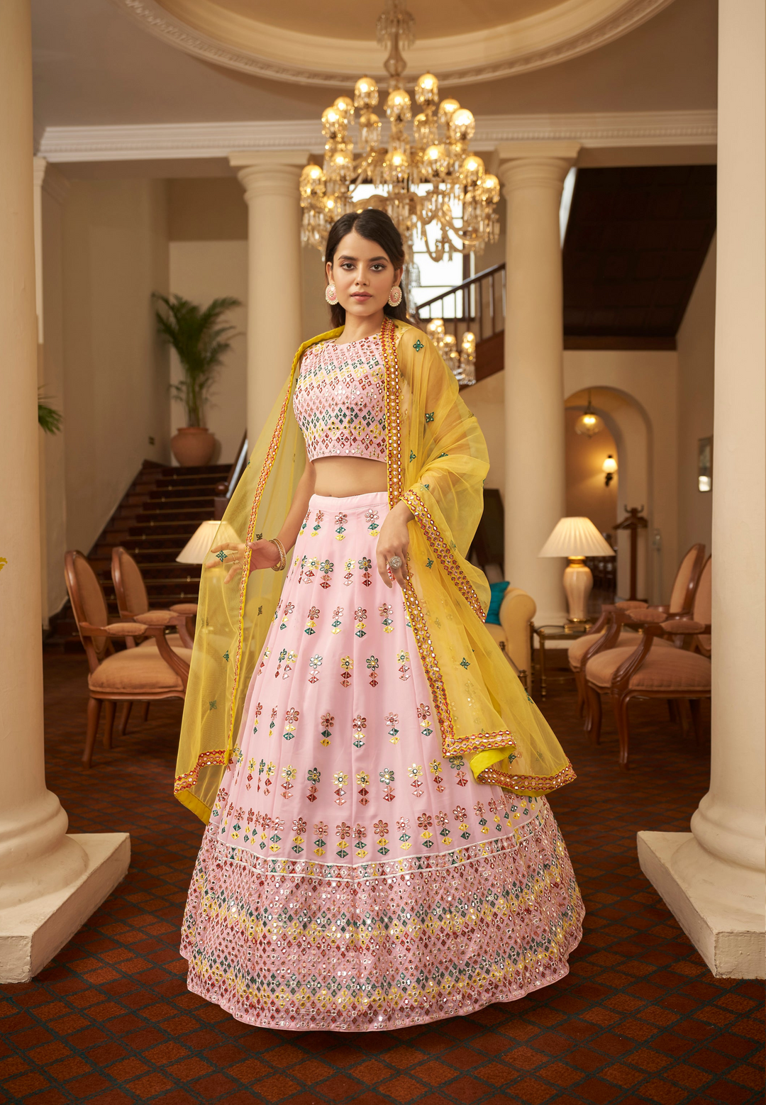 Stunning Pink Georgette Lehenga with Yellow Dupatta | Perfect for Weddings and Celebrations