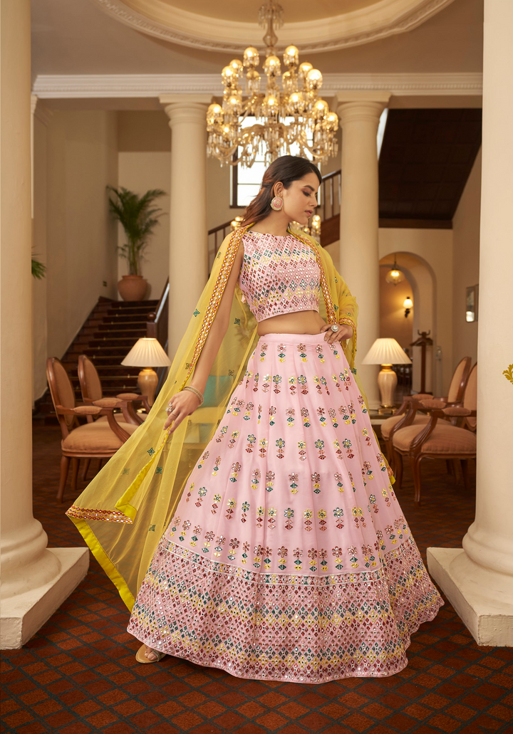 Stunning Pink Georgette Lehenga with Yellow Dupatta | Perfect for Weddings and Celebrations