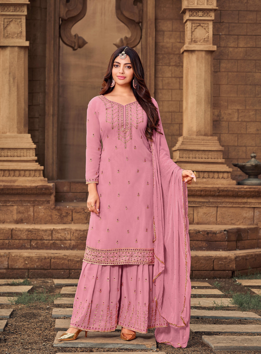 Designer Pink Georgette Sharara | Embroidery & Diamond Stone Work Dupatta