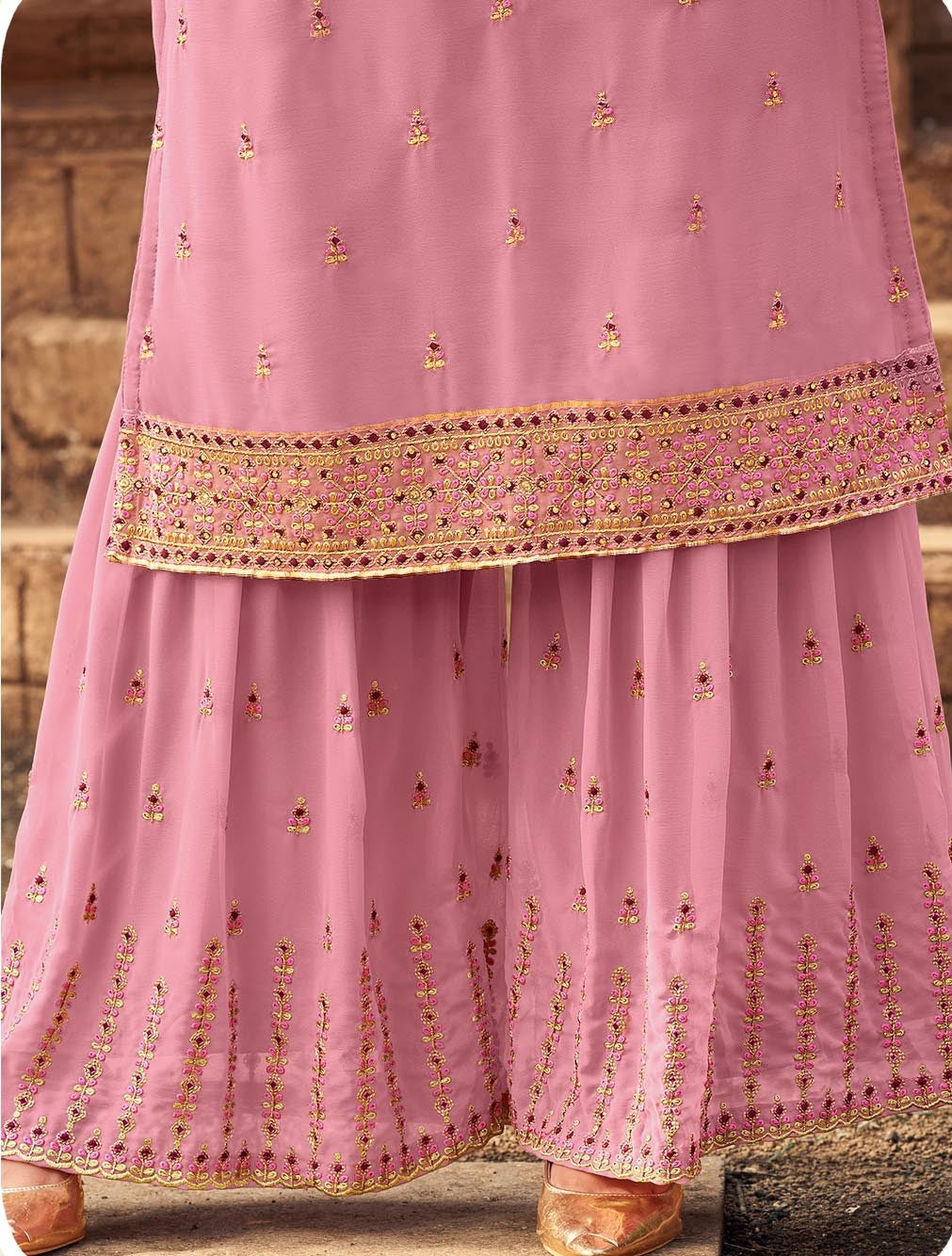 Designer Pink Georgette Sharara | Embroidery & Diamond Stone Work Dupatta