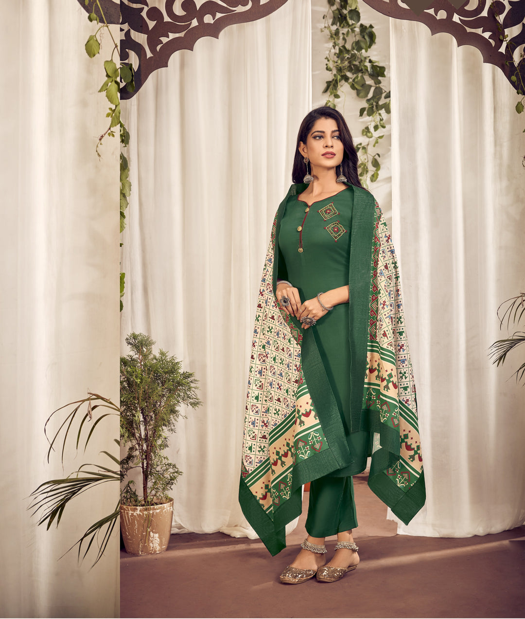 Elegant Green Salwar Suit | Jam Cotton with Embroidery & Muslin Dupatta