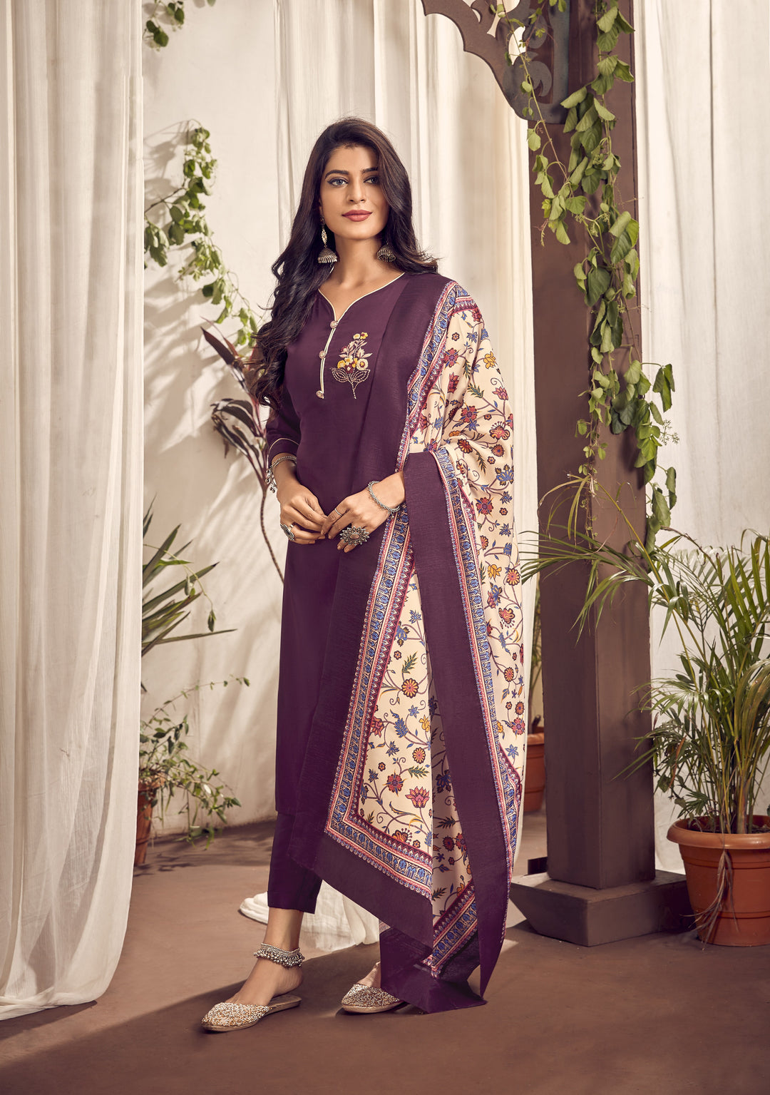 Wine Jam Cotton Suit | Hand Embroidery with Digital Print Muslin Dupatta