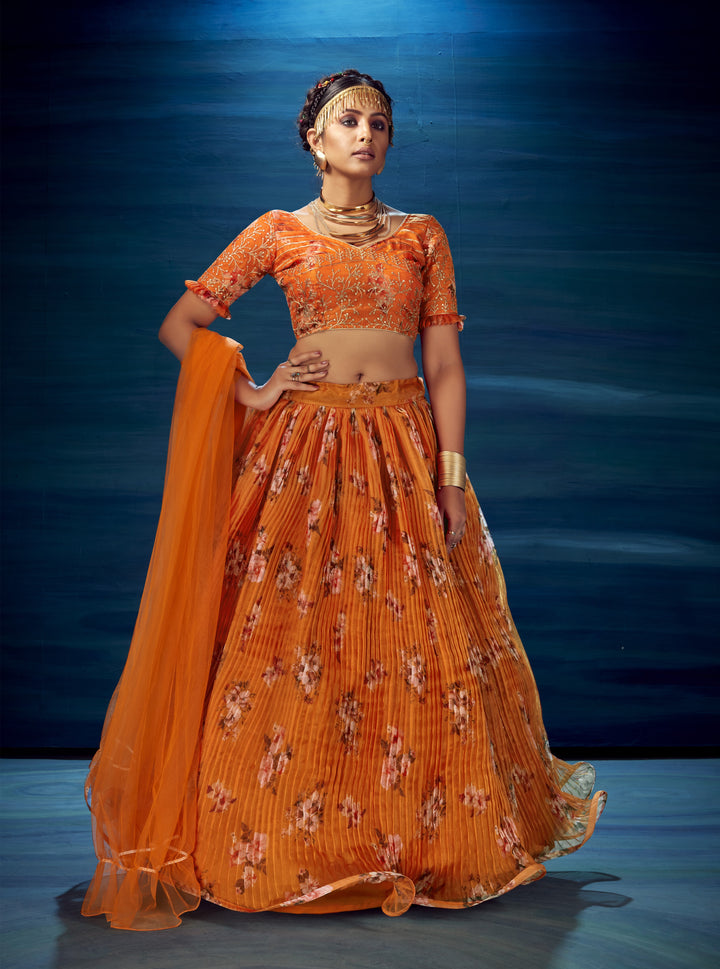 Beautiful Orange Organza Lehenga with Orange Dupatta | Perfect for Weddings and Celebrations