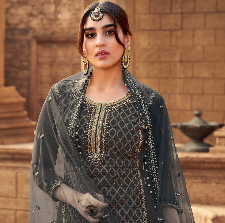 Designer Sharara Suit | Heavy Embroidered Georgette Kameez with Net Dupatta for Weddings