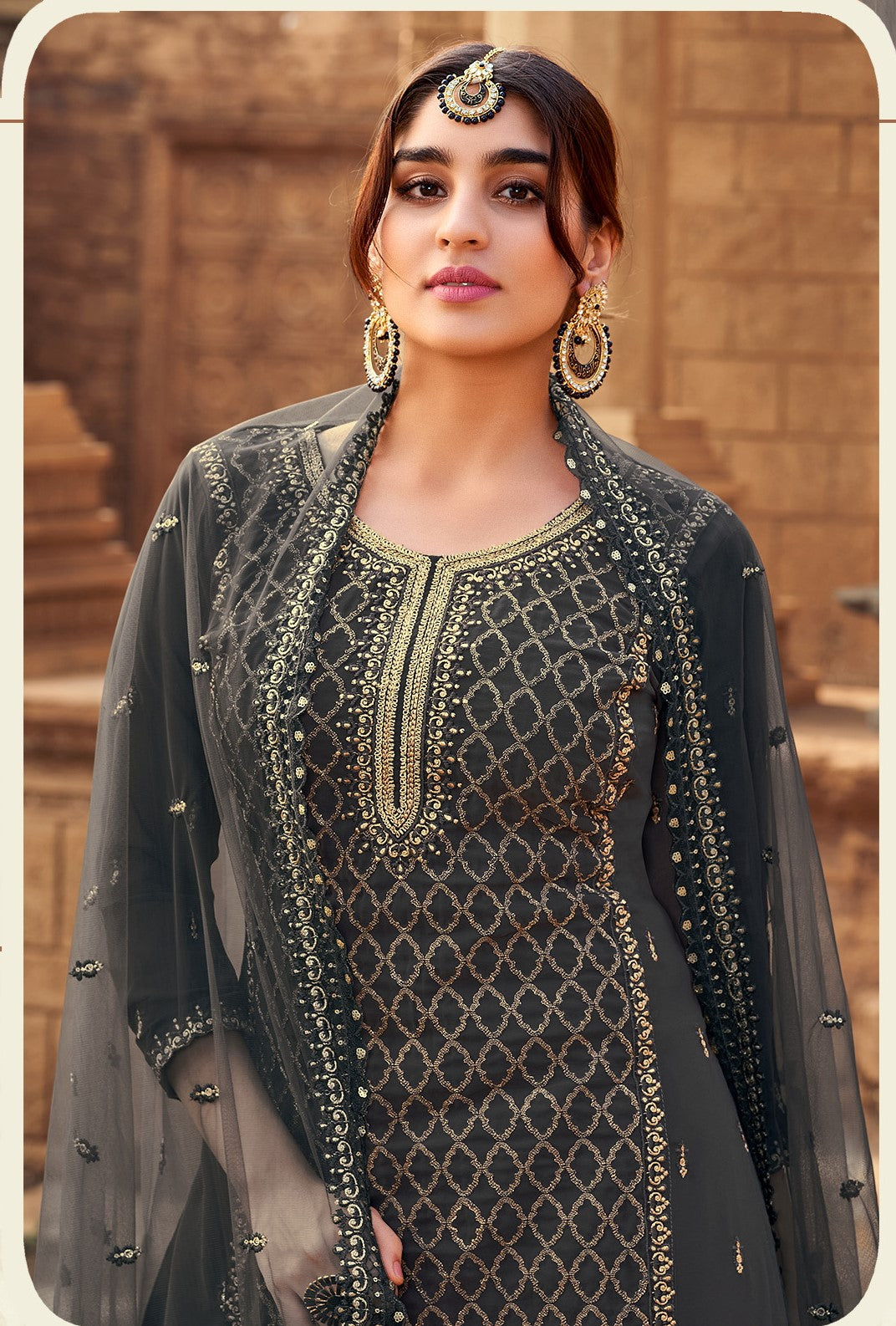 Designer Sharara Suit | Heavy Embroidered Georgette Kameez with Net Dupatta for Weddings