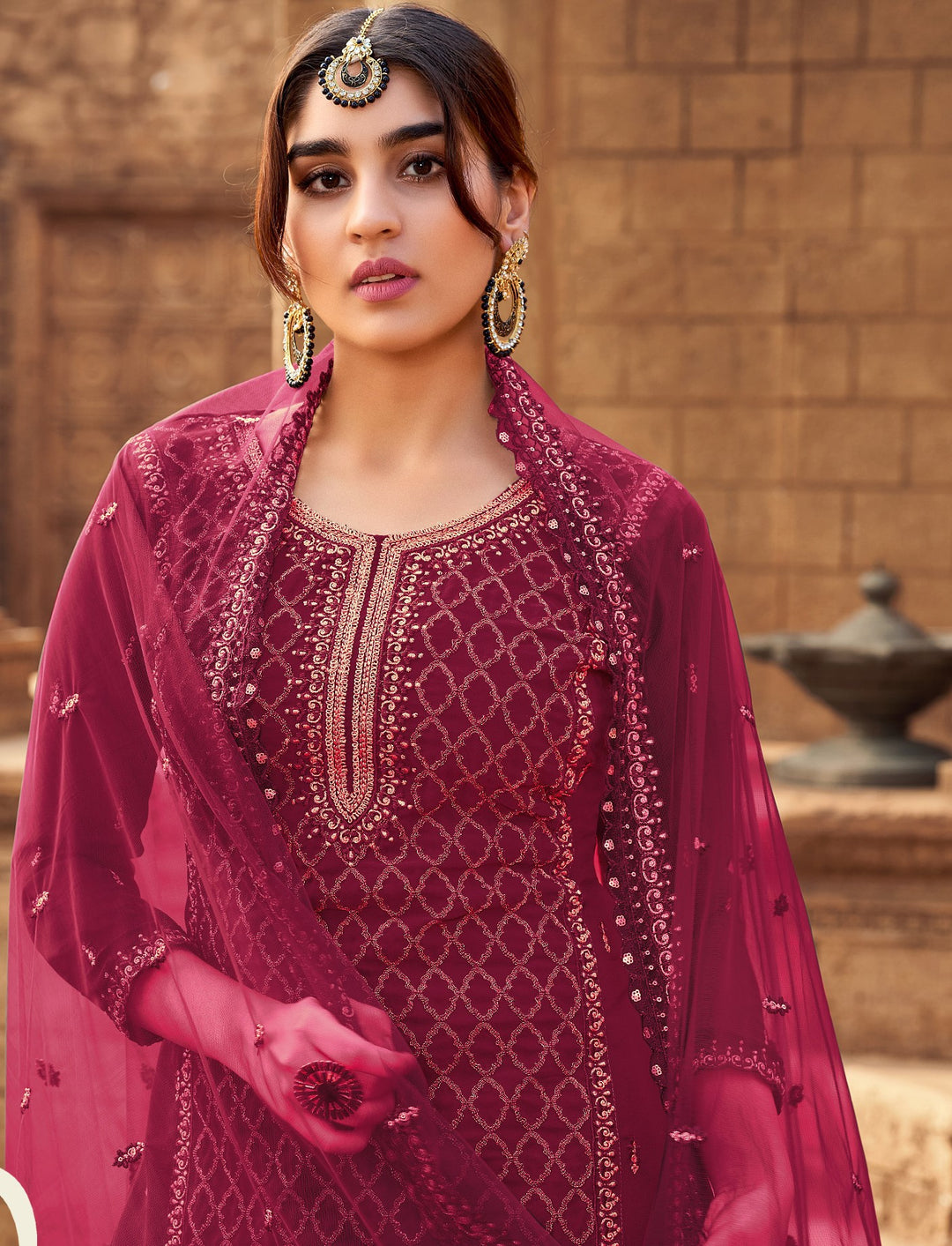 Designer Sharara Suit | Heavy Embroidered Georgette Kameez with Net Dupatta for Weddings