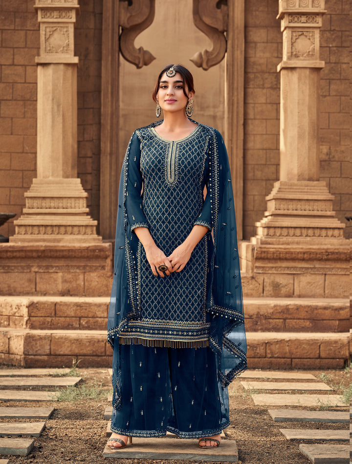 Designer Sharara Suit | Heavy Embroidered Georgette Kameez with Net Dupatta for Weddings