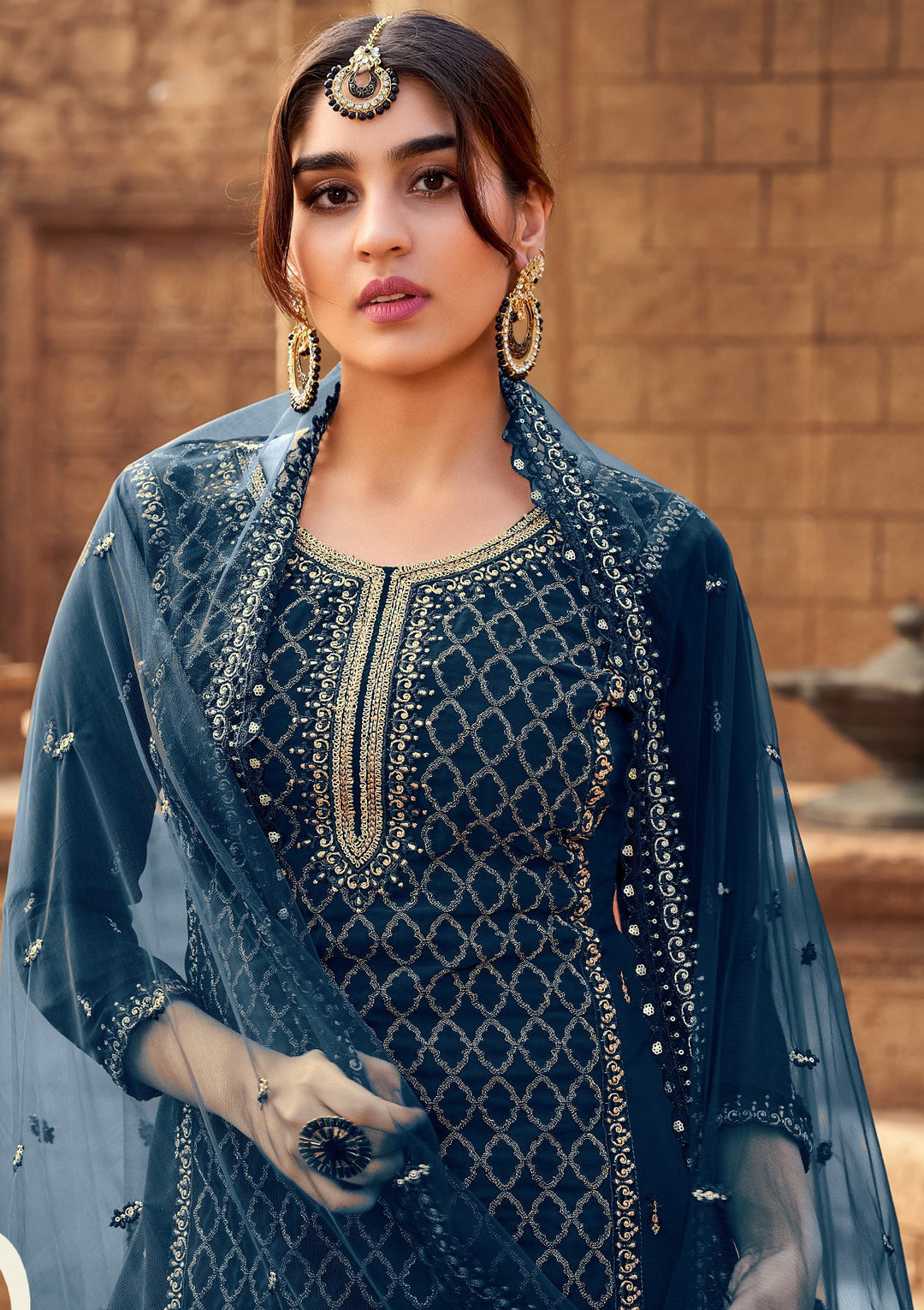 Designer Sharara Suit | Heavy Embroidered Georgette Kameez with Net Dupatta for Weddings