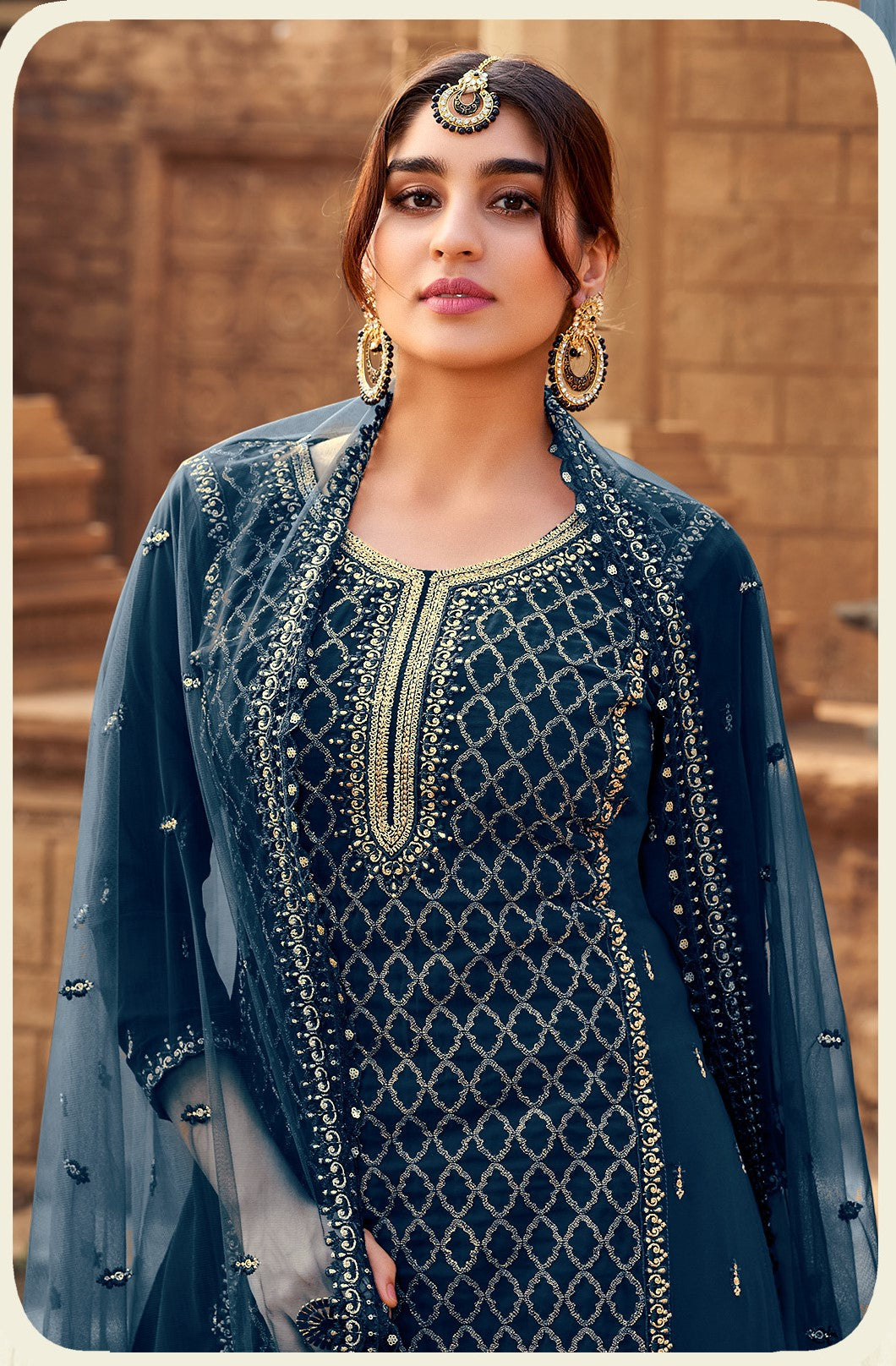 Designer Sharara Suit | Heavy Embroidered Georgette Kameez with Net Dupatta for Weddings