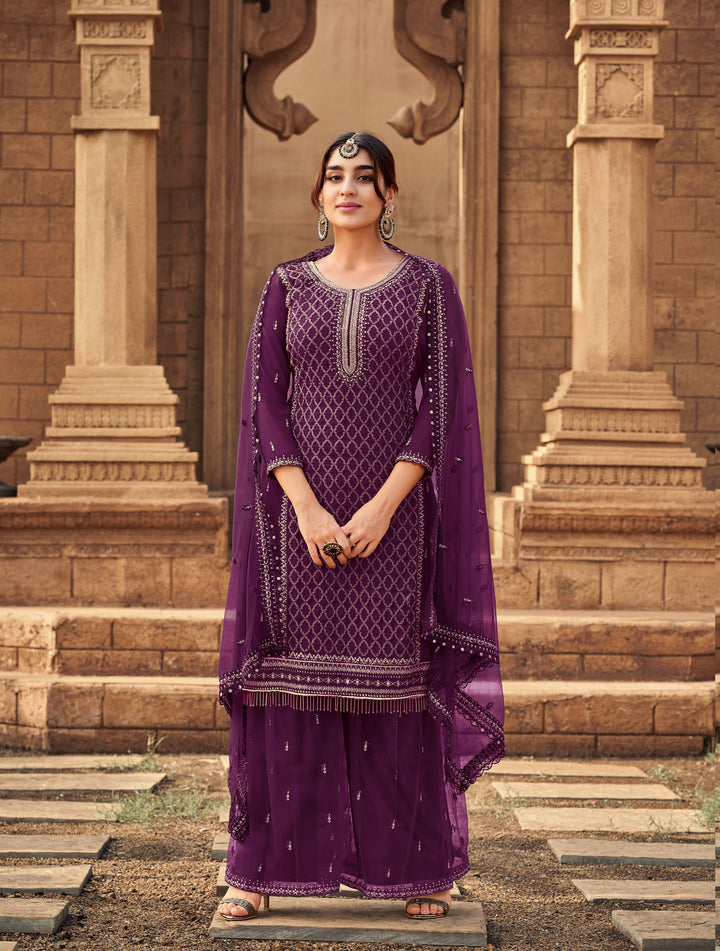 Designer Sharara Suit | Heavy Embroidered Georgette Kameez with Net Dupatta for Weddings