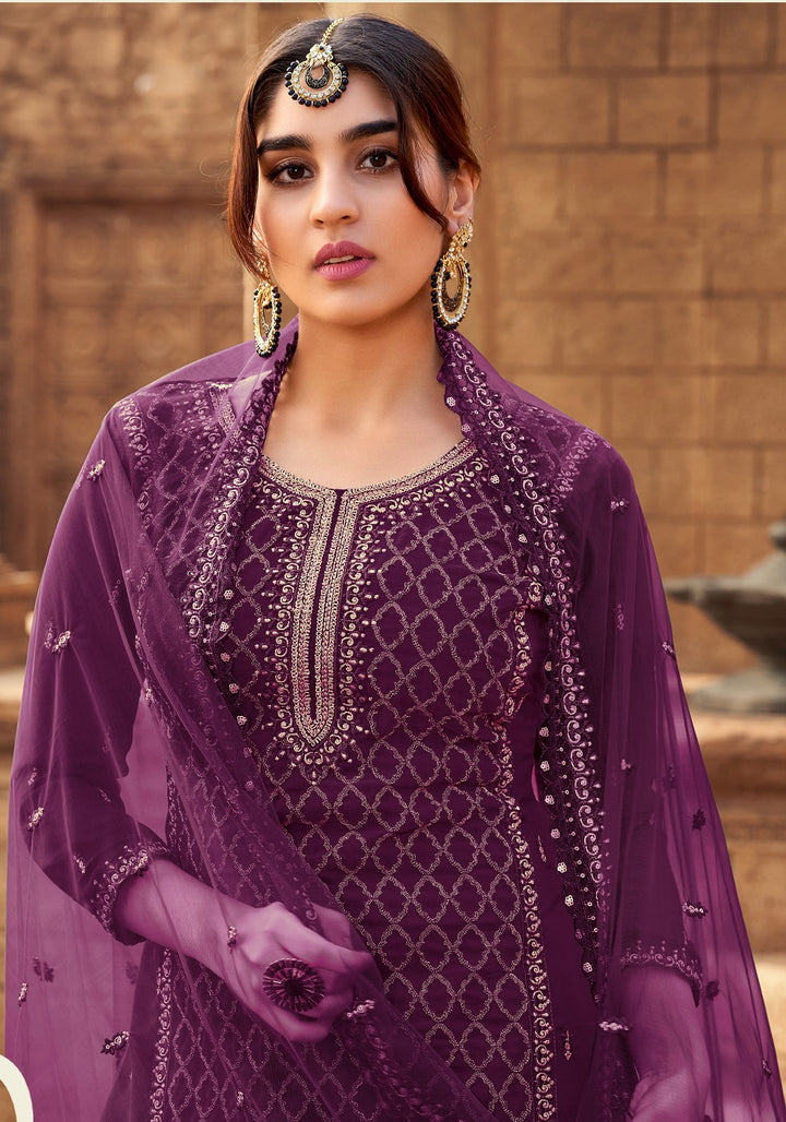 Designer Sharara Suit | Heavy Embroidered Georgette Kameez with Net Dupatta for Weddings