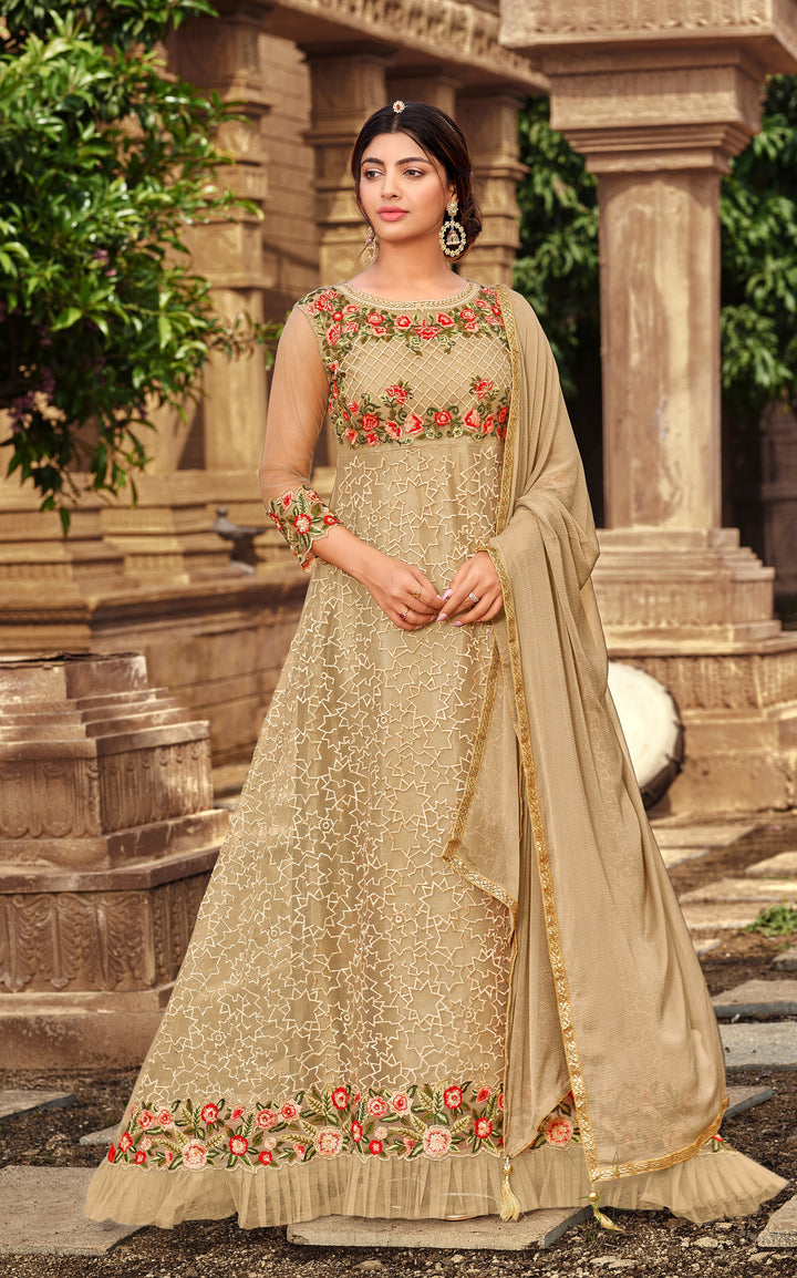 Designer Beige Anarkali | Embroidered Anarkali with Net Dupatta for Weddings