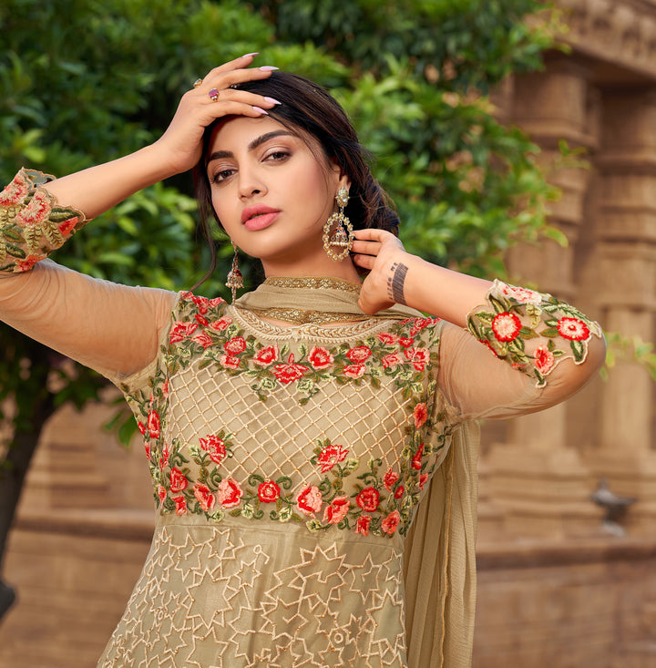 Designer Beige Anarkali | Embroidered Anarkali with Net Dupatta for Weddings