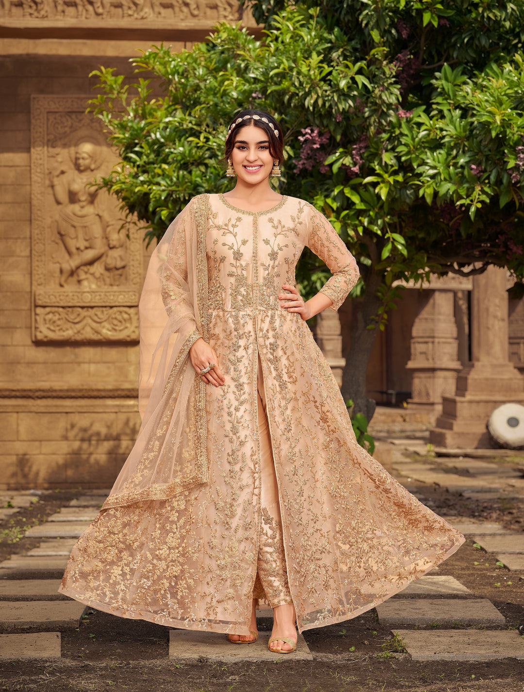 Peach Designer Suit | Embroidered Butterfly Net Kameez with Net Dupatta for Festive Wear