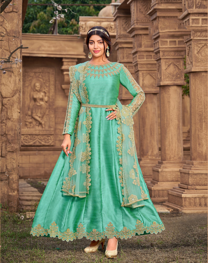 Elegant Sea Green Suit | Diamond Work Kameez with Soft Net Dupatta for Weddings