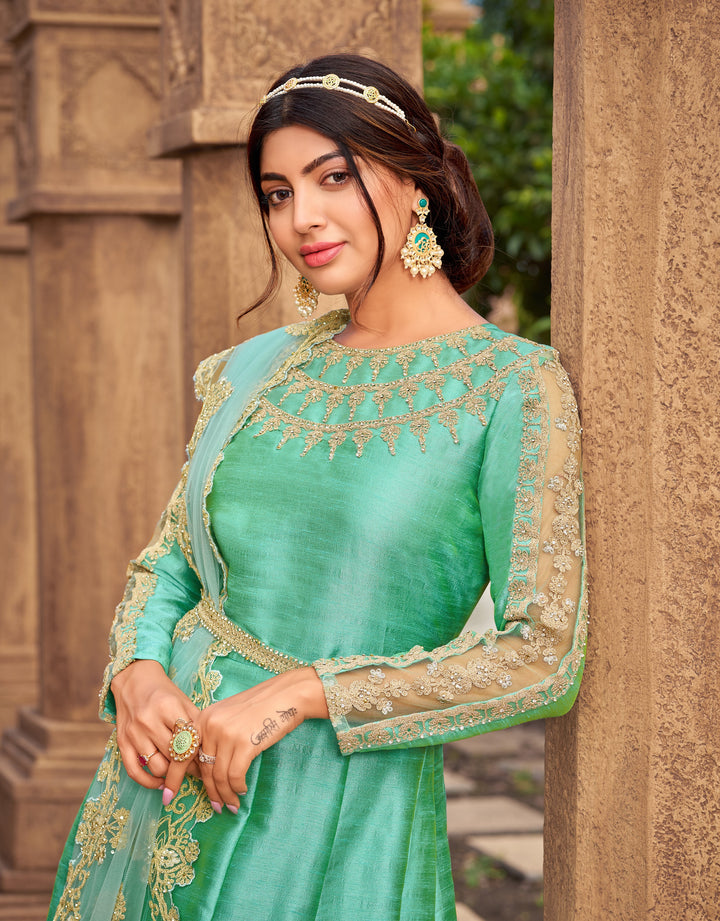 Elegant Sea Green Suit | Diamond Work Kameez with Soft Net Dupatta for Weddings