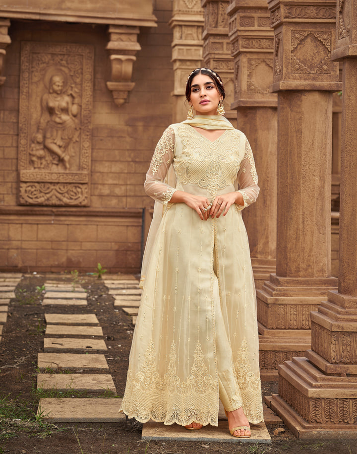 Elegant Cream Suit | Diamond Work Anarkali with Satin Banglori Bottom and Net Dupatta