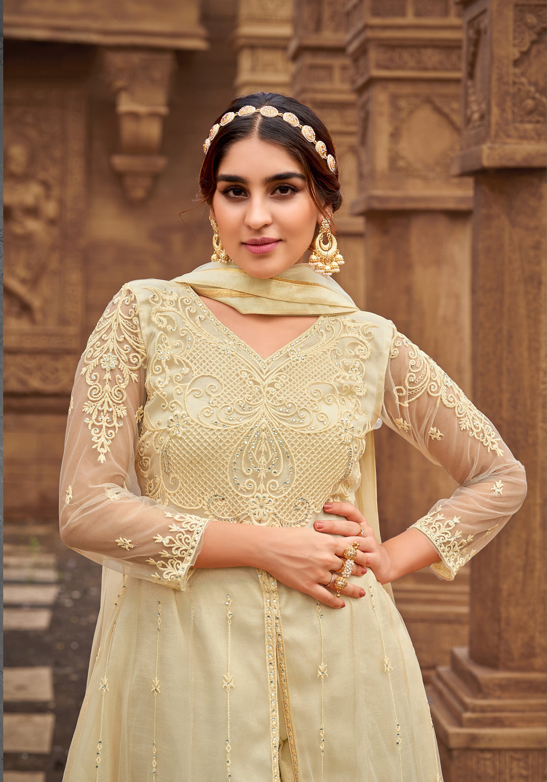 Elegant Cream Suit | Diamond Work Anarkali with Satin Banglori Bottom and Net Dupatta